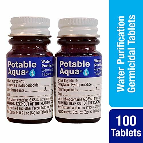 Two bottles of Potable Aqua Water Purification Germicidal Tablets, 100 tablets package.