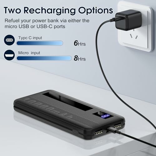 Power bank with two recharging options: USB-C and micro USB.