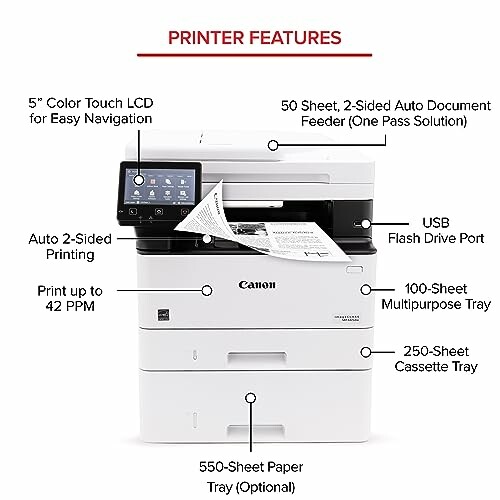 Printer with features including color touch LCD, auto document feeder, USB port, 42 PPM printing, multipurpose tray, and cassette tray.