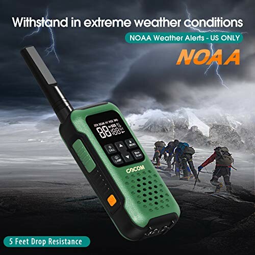 Rugged walkie-talkie with NOAA alerts in extreme weather conditions.