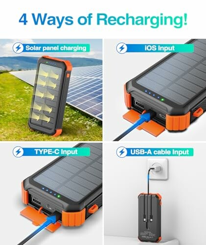 Portable solar power bank with four recharging methods: solar panel, iOS input, Type-C input, USB-A cable input.