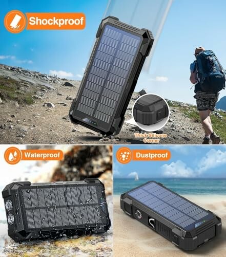 Solar power bank showcasing shockproof, waterproof, and dustproof features.