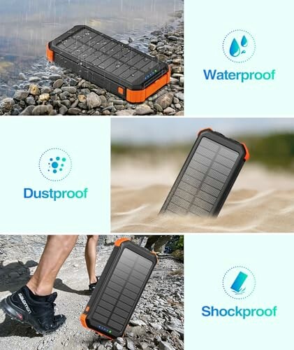 Solar power bank demonstrating its waterproof, dustproof, and shockproof features.