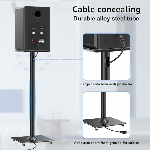 Speaker stand with cable concealing features and durable alloy steel tube.