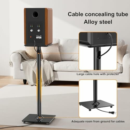 Speaker stand with cable concealing features and alloy steel construction.