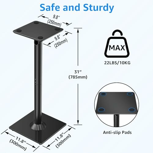 Black speaker stand with adjustable height, anti-slip pads, and 22lbs weight capacity.