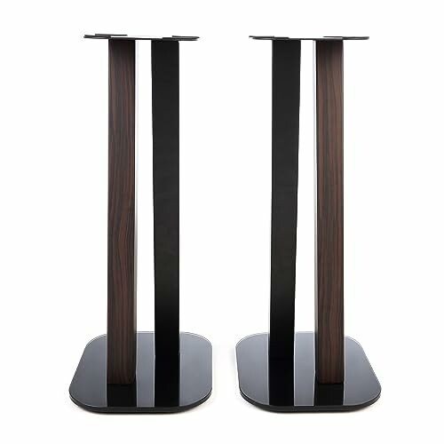 Set of two modern speaker stands with black and wood finish.