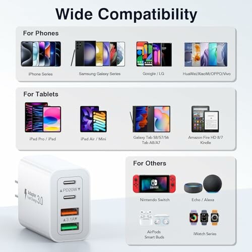 Universal charger compatibility with phones, tablets, and other devices.