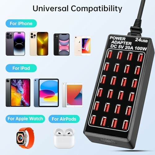 Universal 24 USB power adapter for iPhone, iPad, Apple Watch, and AirPods.