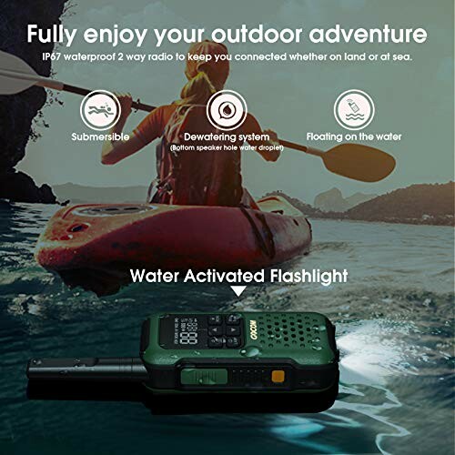 Waterproof two-way radio with person kayaking.