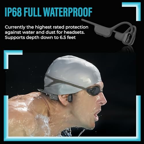 Swimmer wearing waterproof headset with IP68 rating.