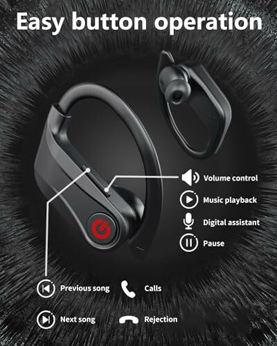 Wireless earbuds with button operation features including volume control, music playback, digital assistant, pause, previous song, calls, next song, and rejection.