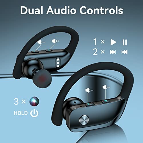 Wireless earbuds with dual audio controls shown with play, pause, and volume icons.