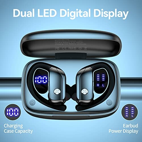 Wireless earbuds with dual LED display showing charging and power levels.