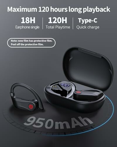 Wireless earbuds with charging case, offering up to 120 hours of playback and Type-C quick charge.