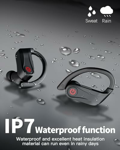 Wireless earbuds with IP7 waterproof feature, suitable for sweat and rain.