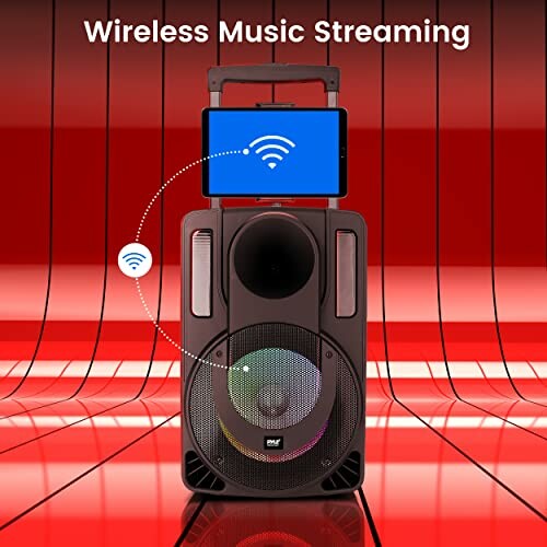 Wireless speaker with tablet for music streaming.