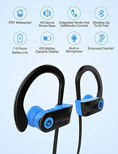 Wireless sport earbuds with features like waterproof, HD sound, and built-in microphone.